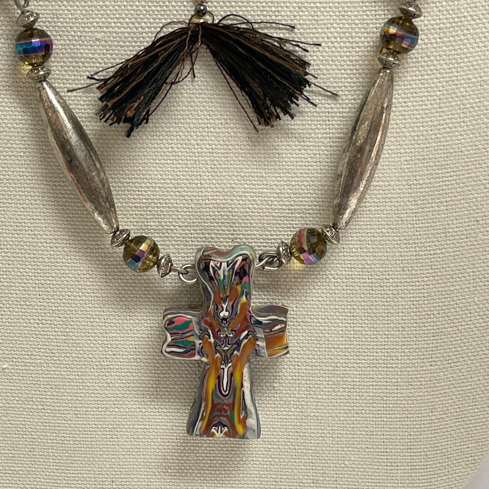 3 Vintage Boho Necklaces 1 Signed Marquet Bamboo Fringe Clay - Picture 3 of 11